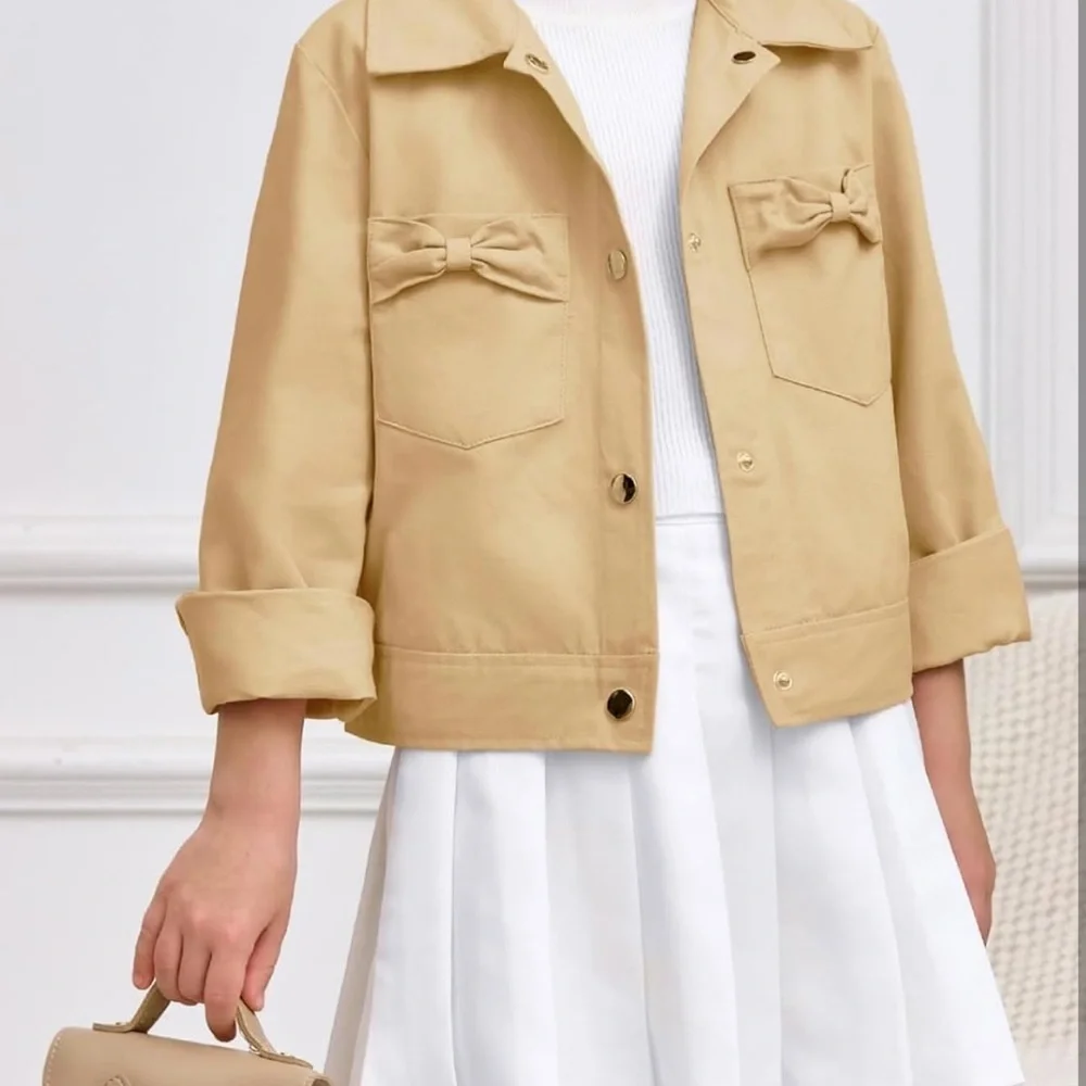 Girls Button Down Crop Jackets Kids Lapel Outerwear Clothes with Chest Pockets